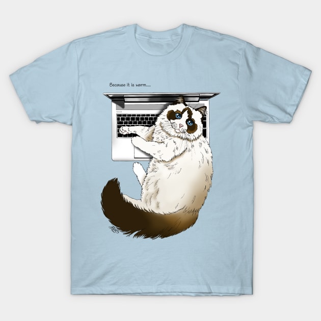 Warm Laptop Cat T-Shirt by tigressdragon